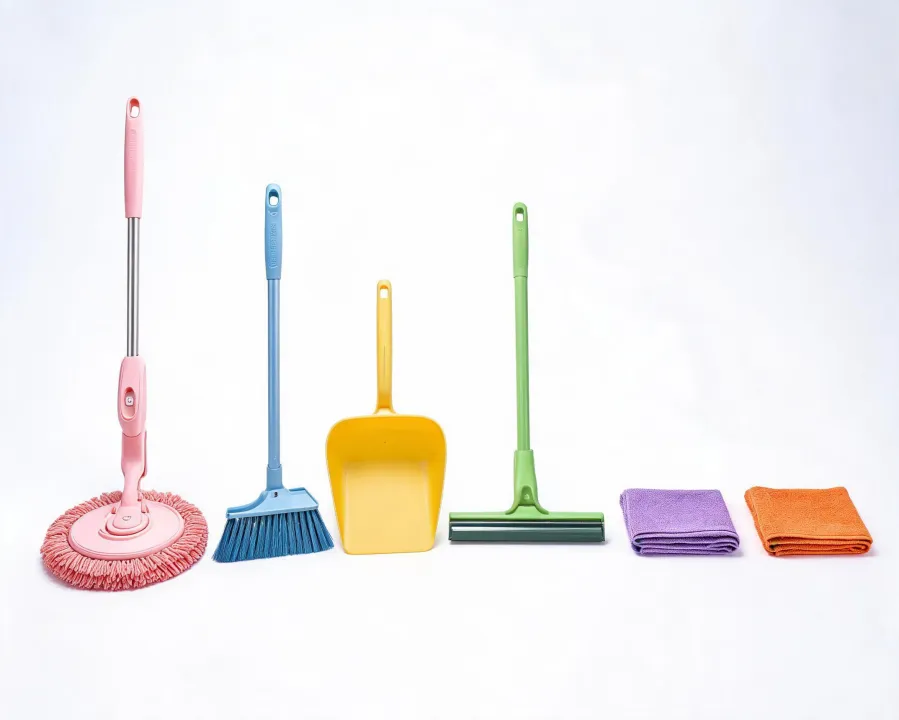 Casabella cleaning tools arranged by color in a bright utility room