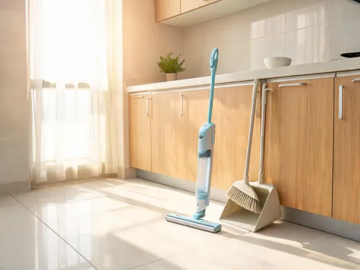 Kitchen floor cleaning with mop and broom