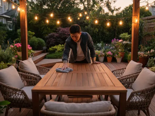 Patio furniture cleaning before outdoor meal